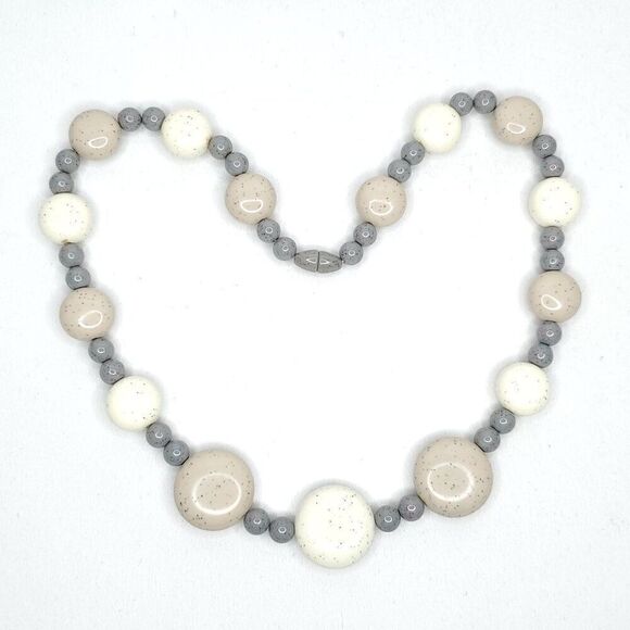 Vintage 3 Tone Grey Beige Ivory Bead Necklace Round Circle Speckled Beads 22" - Picture 2 of 4